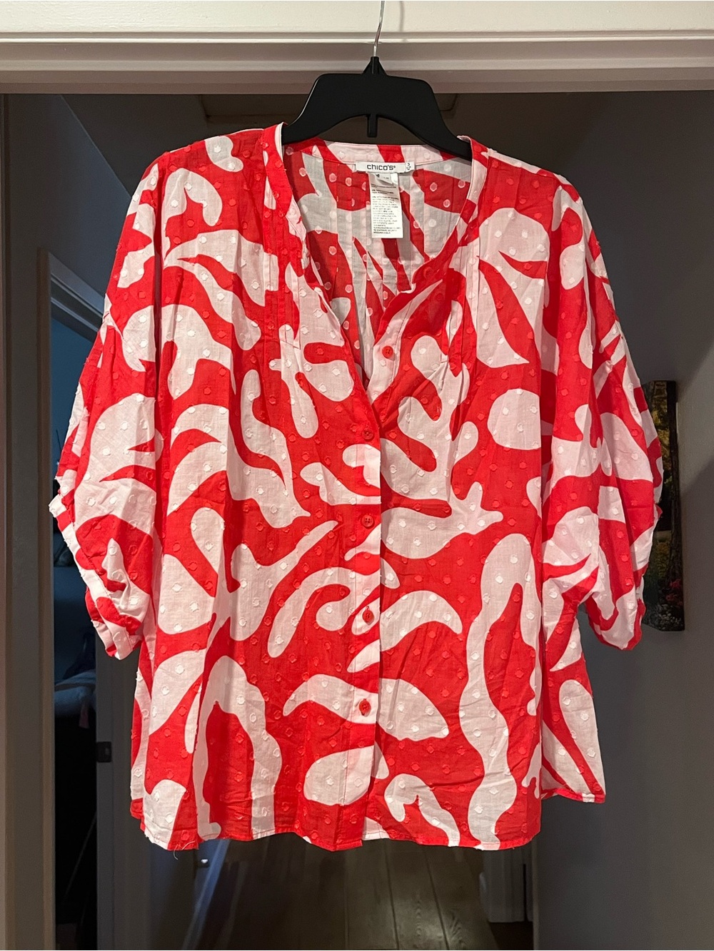 Chico’s Red & White Abstract Print Cotton Blouse Size 3 US 16